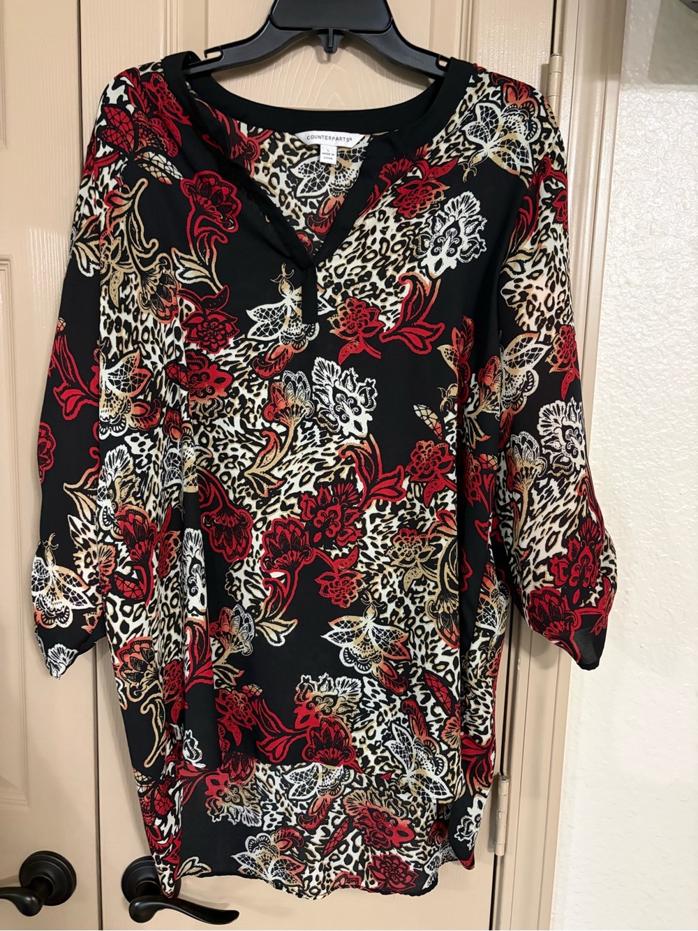 Counterparts Black Floral & Leopard Print V-Neck Tunic - Black, Red, Cream